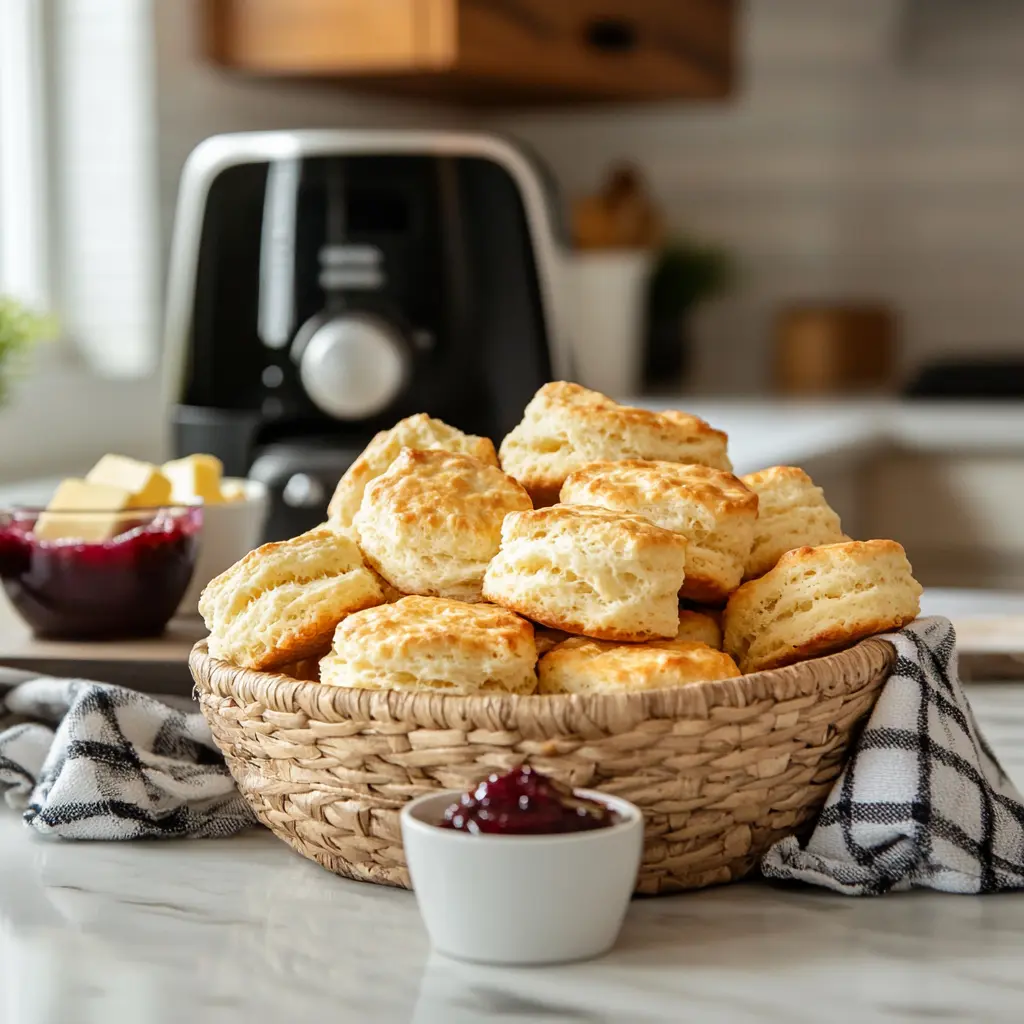 A basket of golden, flaky air fryer biscuits on a wooden kitchen counter, with small bowls of butter and jam