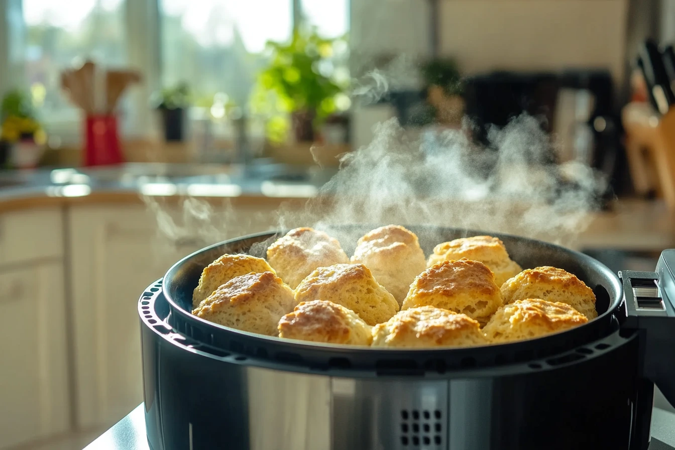 Freshly baked biscuits steaming in an air fryer.