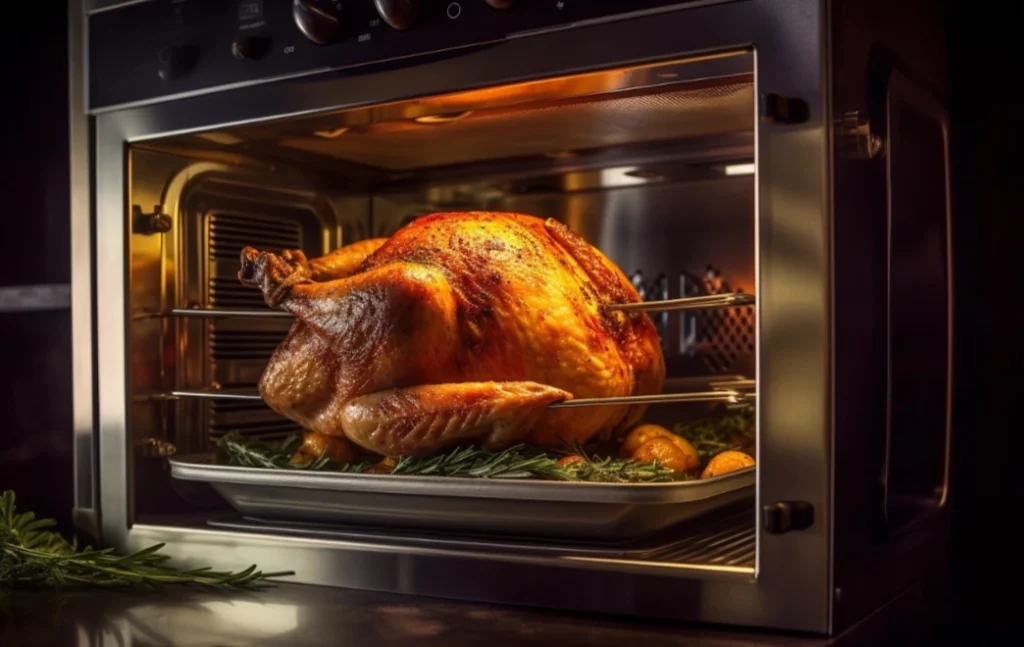 Rotisserie chicken in a modern oven.