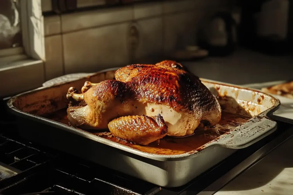 Leftover rotisserie chicken in a baking dish.