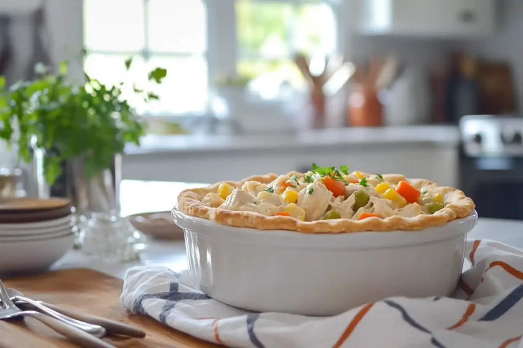 Chicken pot pie with rotisserie chicken and vegetables.