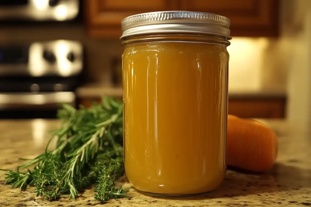 Homemade chicken broth in a glass jar with fresh herbs.