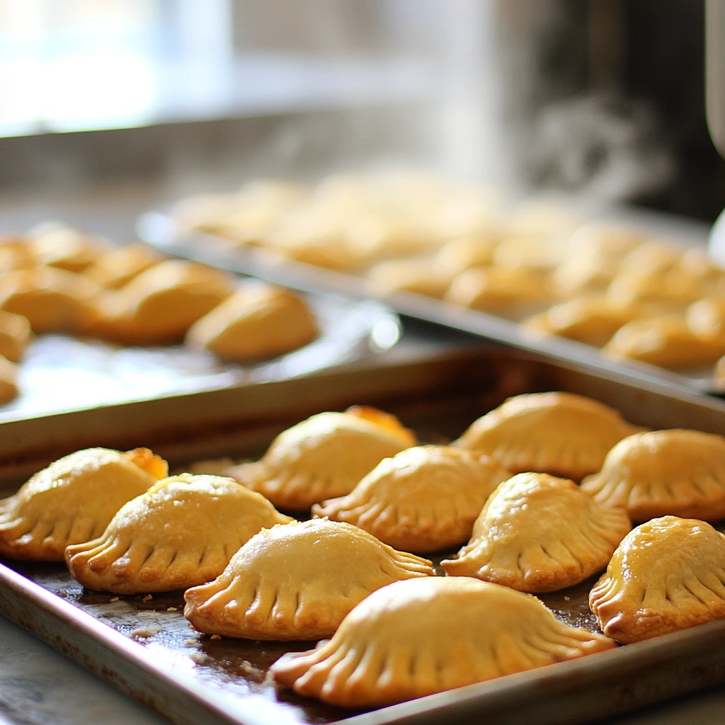 Freshly baked pastelitos recipe on baking trays.