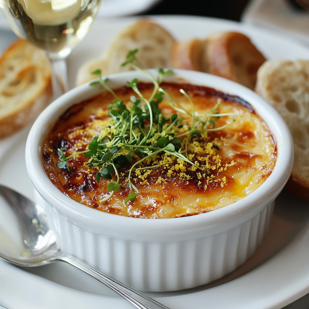 Crab brûlée recipe served in a ramekin.