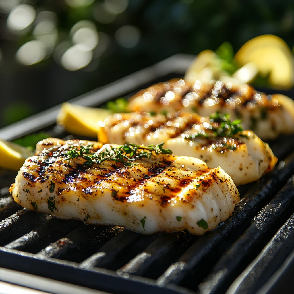 Grilled calamari steaks with herbs and lemon.