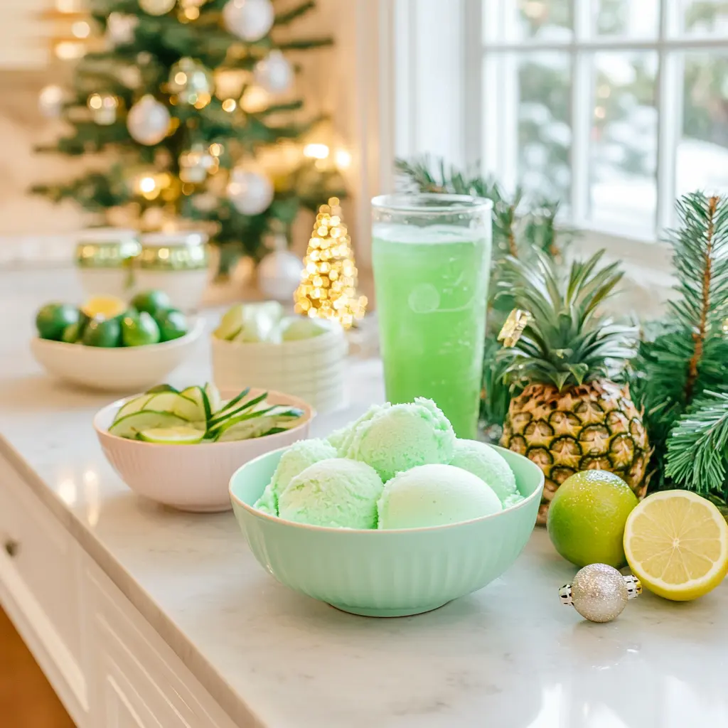 A festive kitchen setup featuring ingredients for Grinch Punch, including lime sherbet, fresh pineapple, lemons, limes, and a glass of green punch, with holiday decorations in the background.