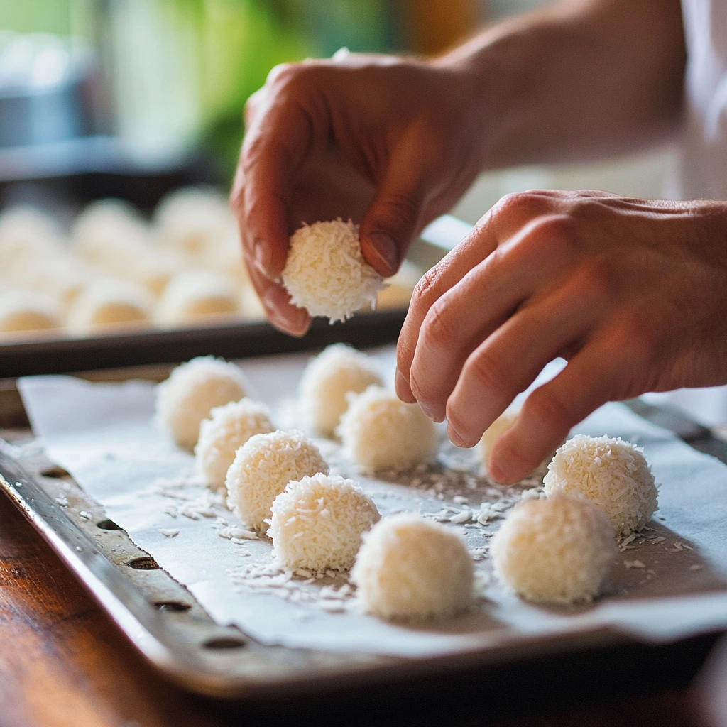 Shaping coconut candy balls.