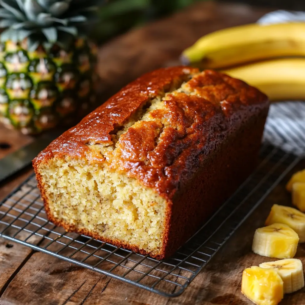 A freshly baked loaf of Hawaiian banana bread with a golden crust on a cooling rack, surrounded by fresh pineapple and bananas on a wooden table