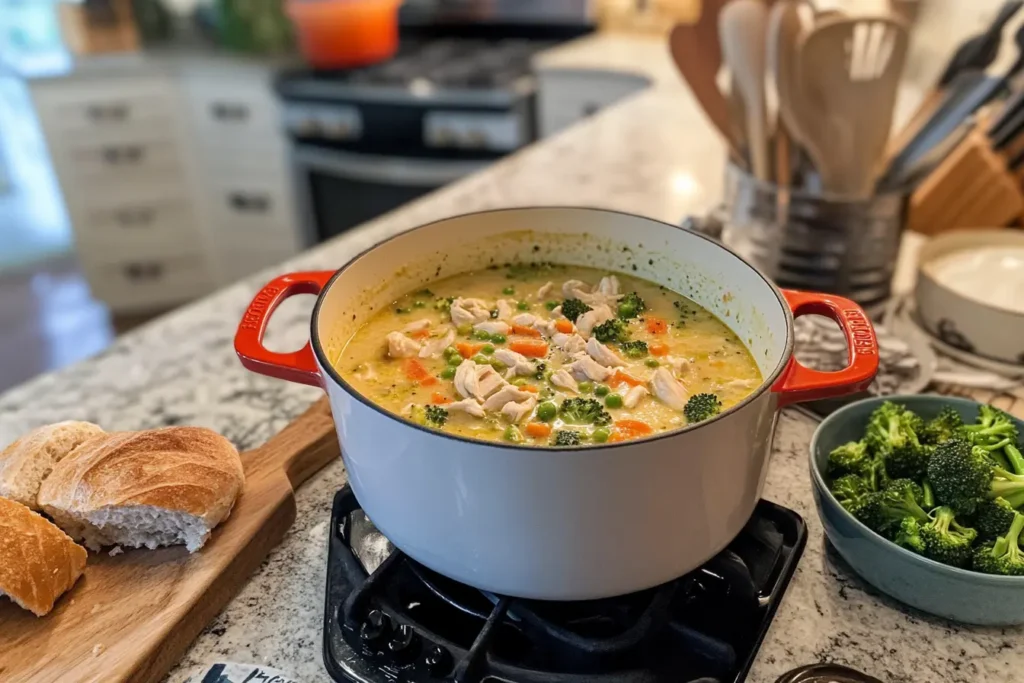 Chicken Broccoli Cheddar Soup in a red Dutch oven surrounded by fresh broccoli and bread on a kitchen counter.