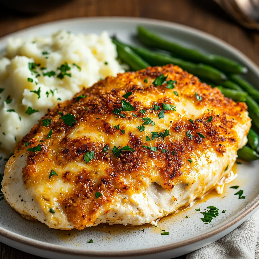 Longhorn Parmesan Crusted Chicken served with mashed potatoes and green beans, garnished with fresh parsley.