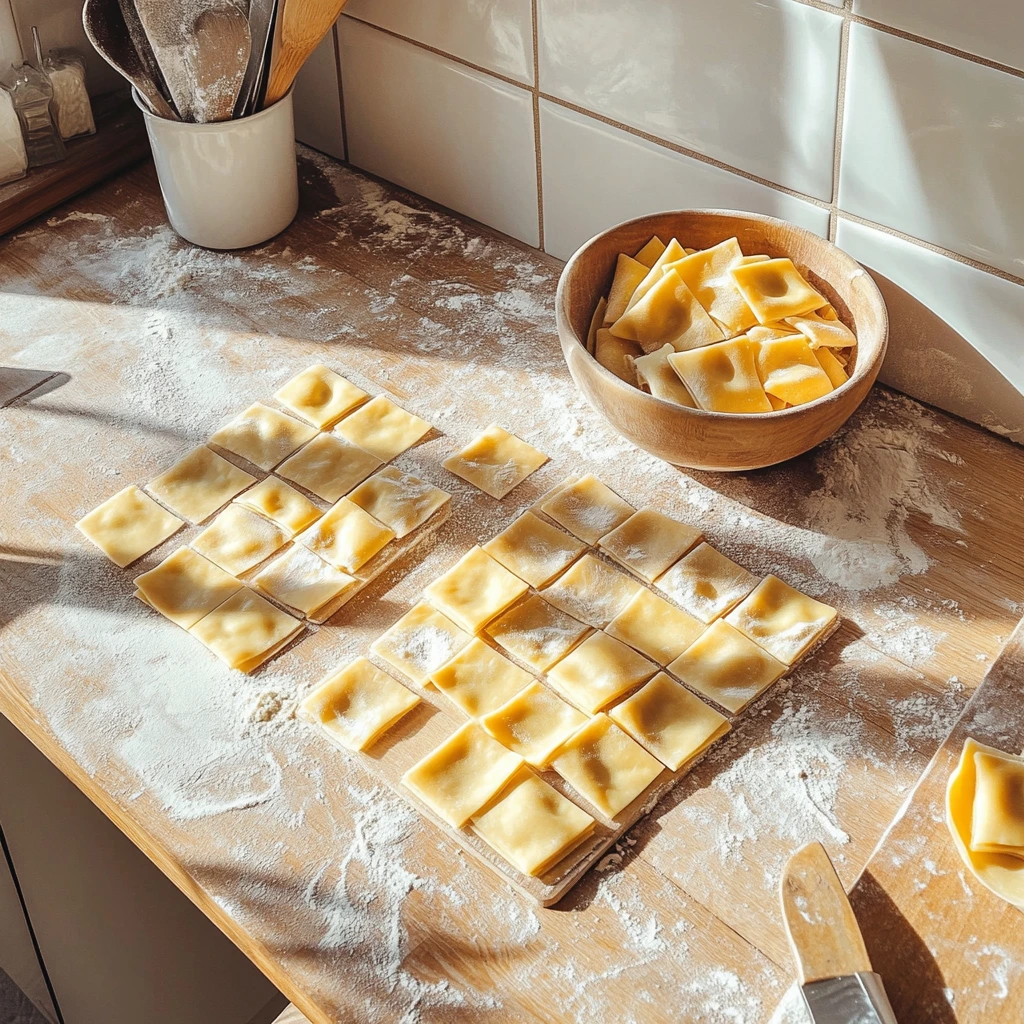 Freshly prepared tortelloni squares on a floured wooden countertop with a bowl of uncooked pasta in a sunny kitchen