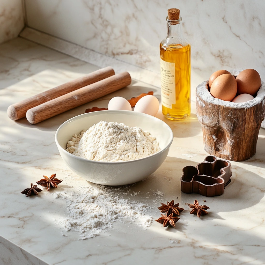 Anise cookie ingredients on a marble countertop