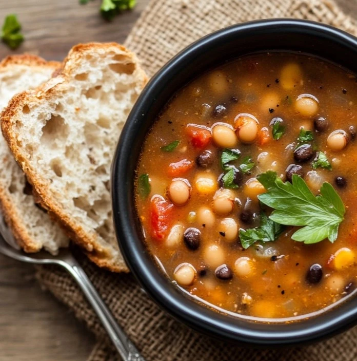 Ingredients for black-eyed pea soup, including dried black-eyed peas, diced vegetables, collard greens, and spices, neatly arranged on a wooden countertop.