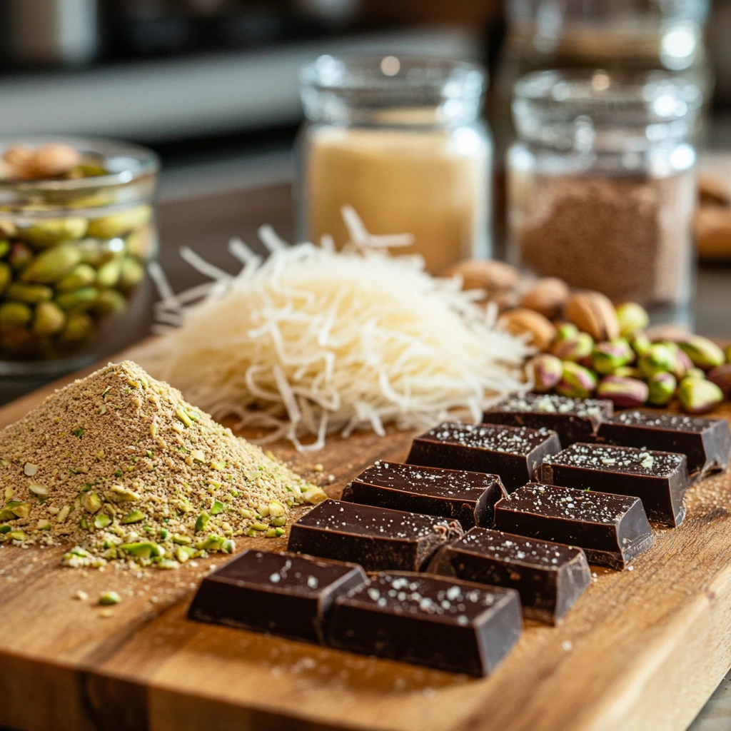 Dubai Chocolate Bar Recipe ingredients on a wooden board.