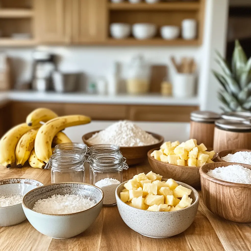 A neatly arranged assortment of ingredients for Hawaiian banana bread, including ripe bananas, chopped pineapple, flour, and shredded coconut, on a wooden countertop in a bright kitchen