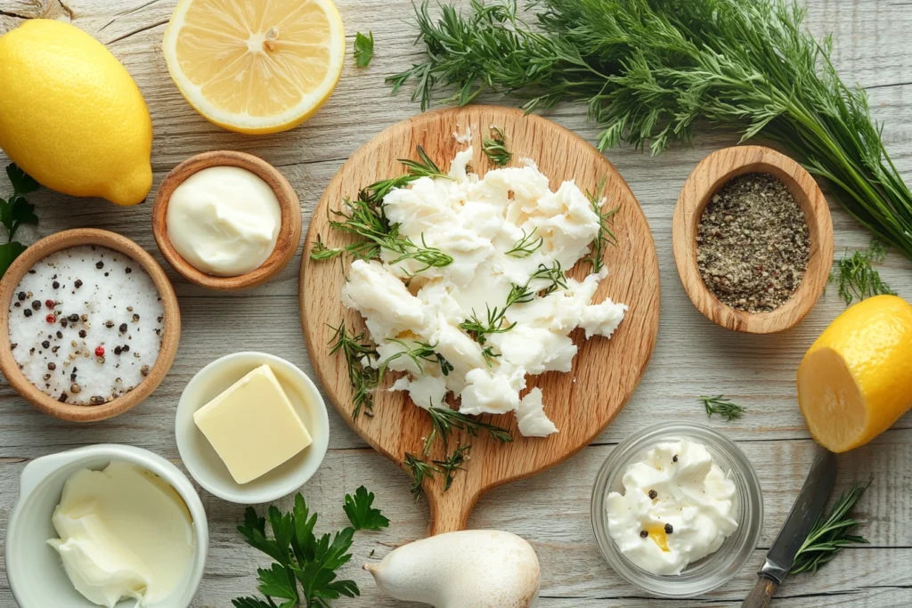  Crab paste ingredients with herbs, butter, and lemon on a wooden board.