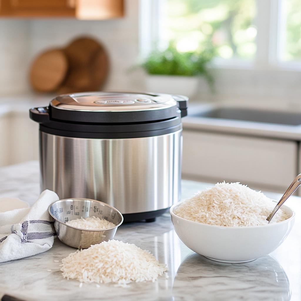 An Instant Pot on a kitchen counter surrounded by basmati rice in a bowl, a measuring cup, and loose grains on the surface