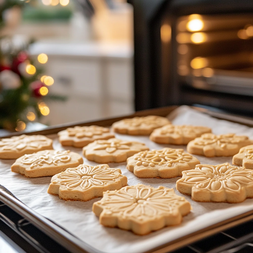 Freshly baked anise cookies on a tray with intricate designs