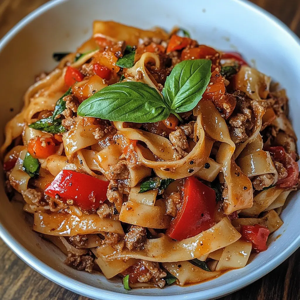 Plate of Italian Drunken Noodles with bell peppers and sausage