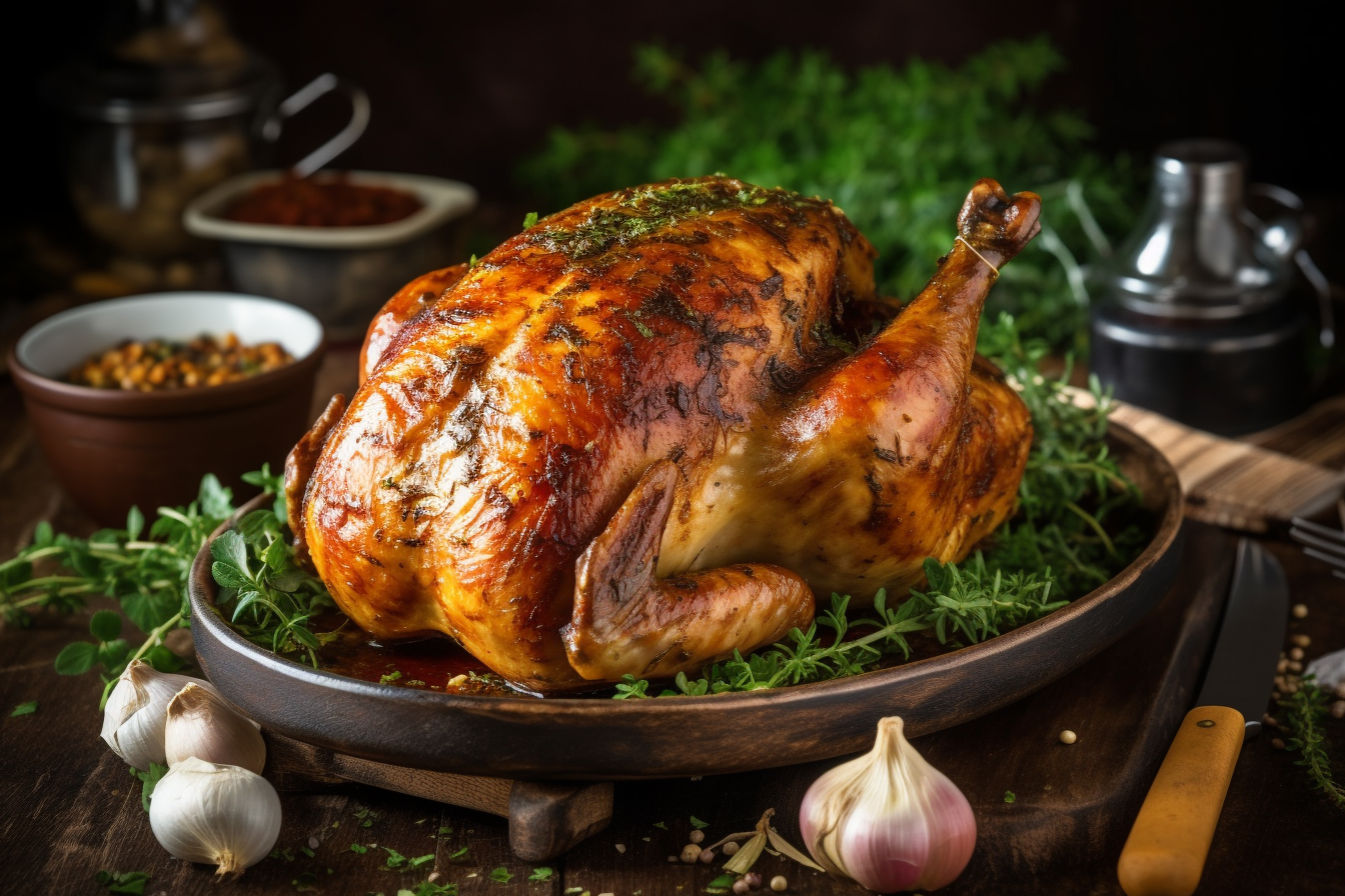 Golden rotisserie chicken with herbs and spices.