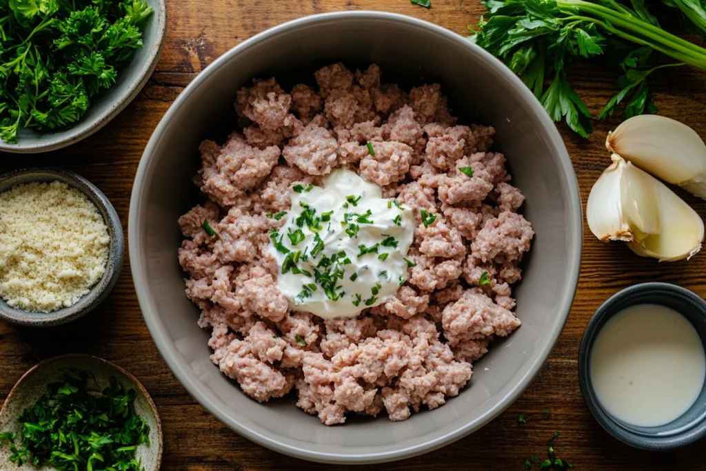 Mixing bowl with ground turkey, fresh parsley, garlic, and Greek yogurt for juicy turkey patties."