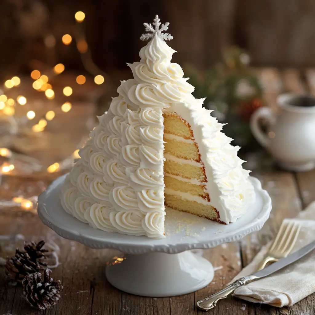 Layered Christmas Tree Cake with white buttercream frosting, shaped like a Christmas tree and topped with a silver snowflake, displayed on a white cake stand with festive lights and rustic decor in the background