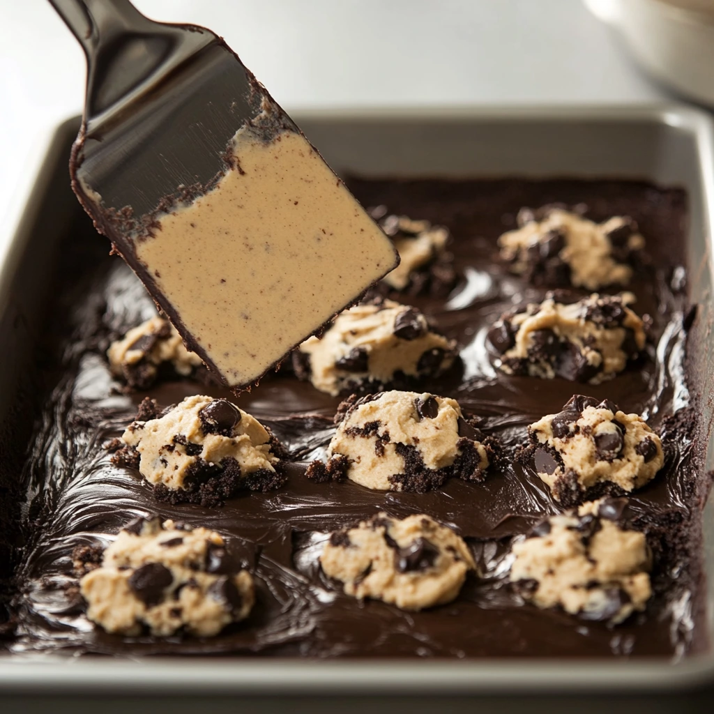 Layering cookie dough over brownie batter for brookie recipe.