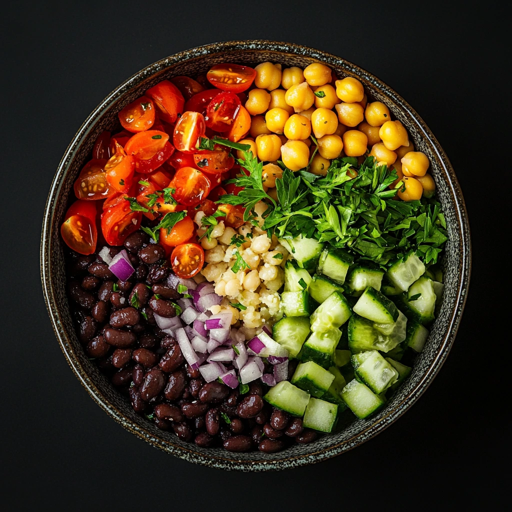 A colorful legume-based salad with chickpeas, black beans, cherry tomatoes, cucumber, red onions, and parsley, arranged neatly in a bowl.