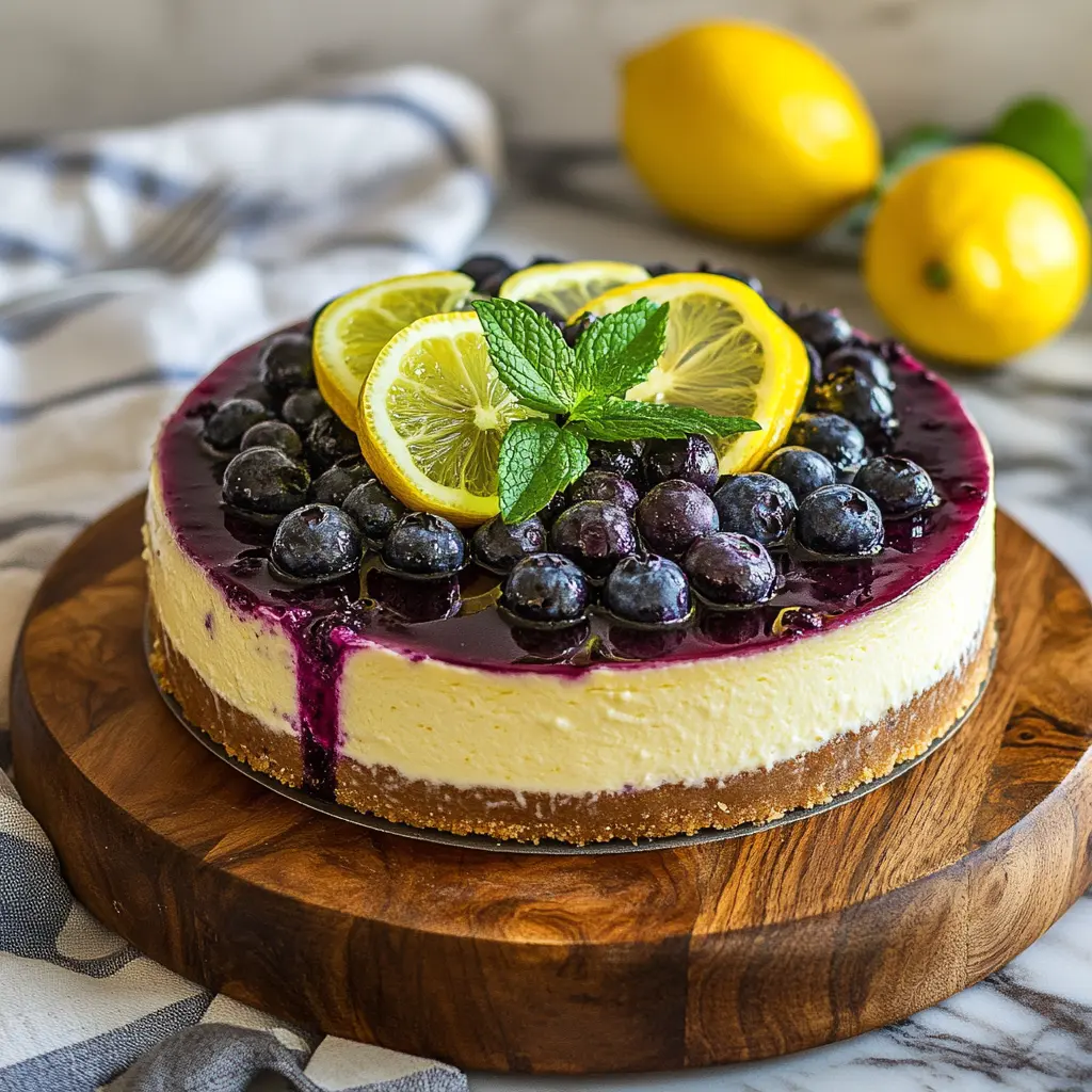 Lemon blueberry cheesecake on a wooden platter, topped with fresh blueberries, lemon slices, and a sprig of mint.