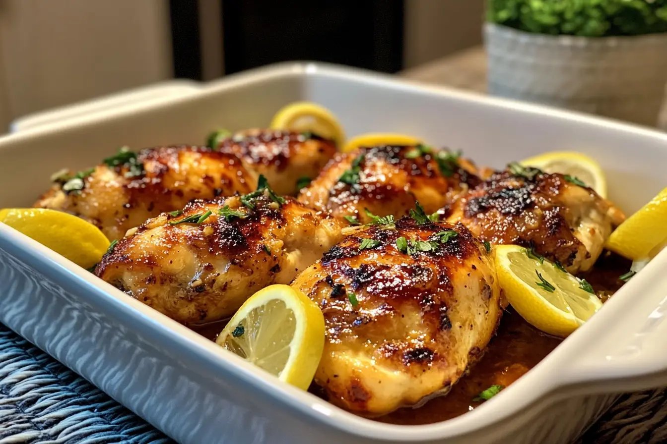 Lemon Garlic Parmesan Chicken in a baking dish.