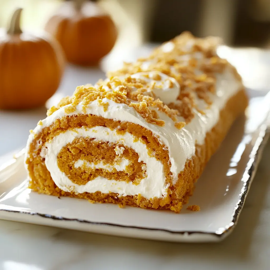 Libby’s Pumpkin Roll with cream cheese filling on a white platter, topped with crumbled garnish, set against a backdrop of mini pumpkins