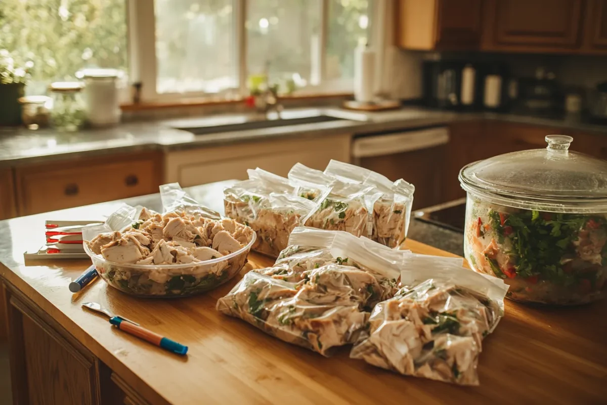 Preparing and storing cooked chicken portions in resealable bags for meal prep.