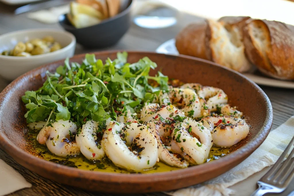 Mediterranean-style calamari steak served with fresh greens.