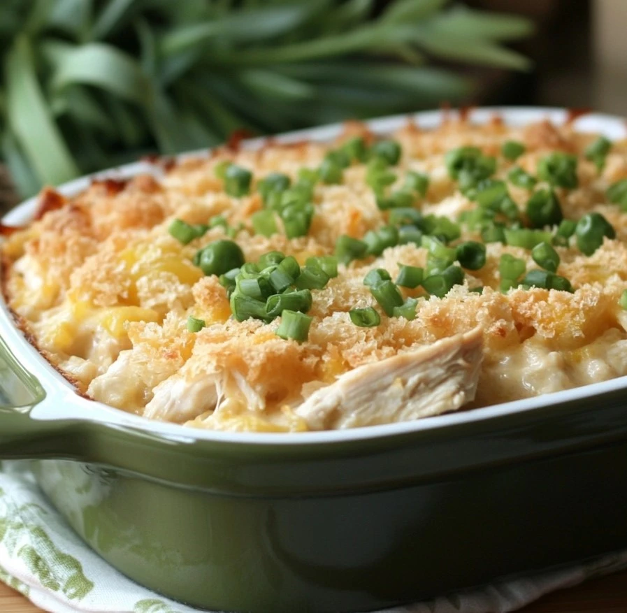 Million Dollar Chicken Casserole topped with a crispy bread layer, served in a white baking dish