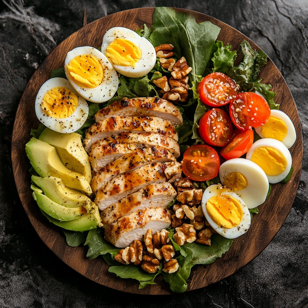 A vibrant mixed protein salad with grilled chicken, boiled eggs, avocado, and cherry tomatoes.