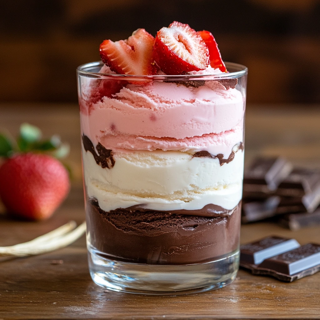 Glass layered with Neapolitan ice cream featuring chocolate, vanilla, and strawberry flavors, topped with fresh strawberry slices on a wooden table