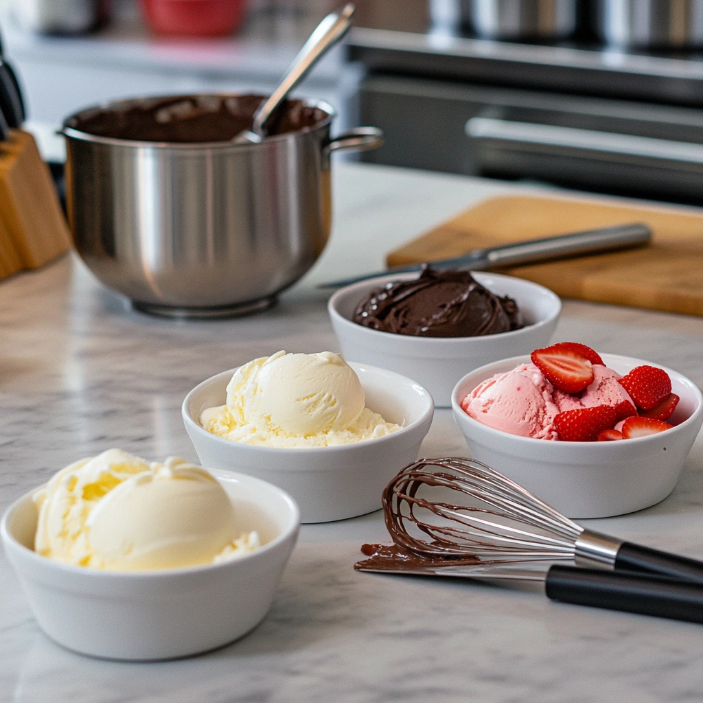 Preparation of Neapolitan ice cream with bowls of vanilla, chocolate, and strawberry ice cream, fresh strawberries, and a whisk on a marble countertop