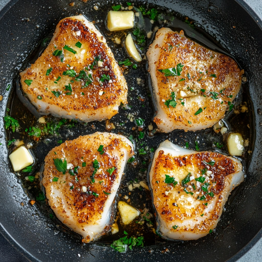 Pan-seared calamari steaks with garlic and butter.