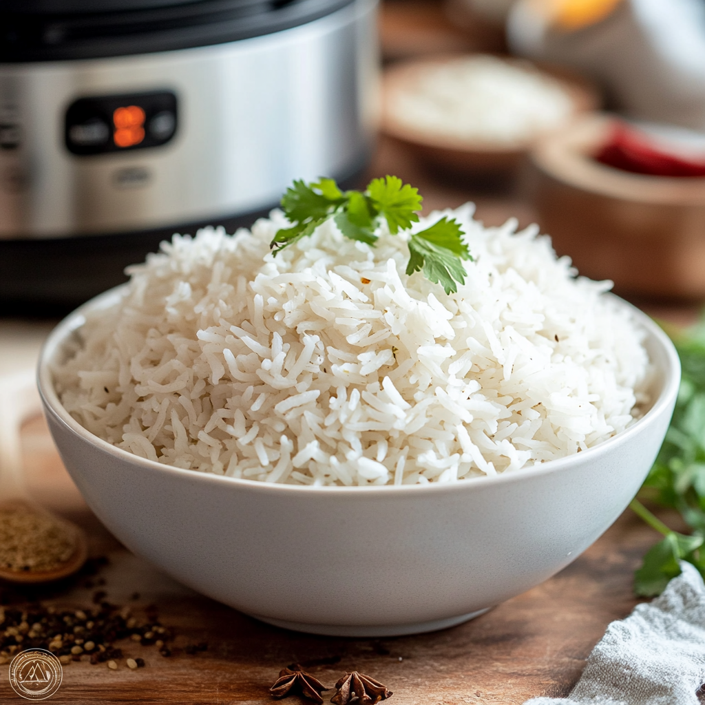 A bowl of perfectly cooked basmati rice garnished with fresh cilantro, placed on a wooden surface with an Instant Pot in the background