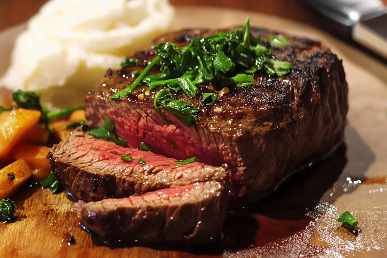 Juicy Denver steak served with mashed potatoes and roasted vegetables