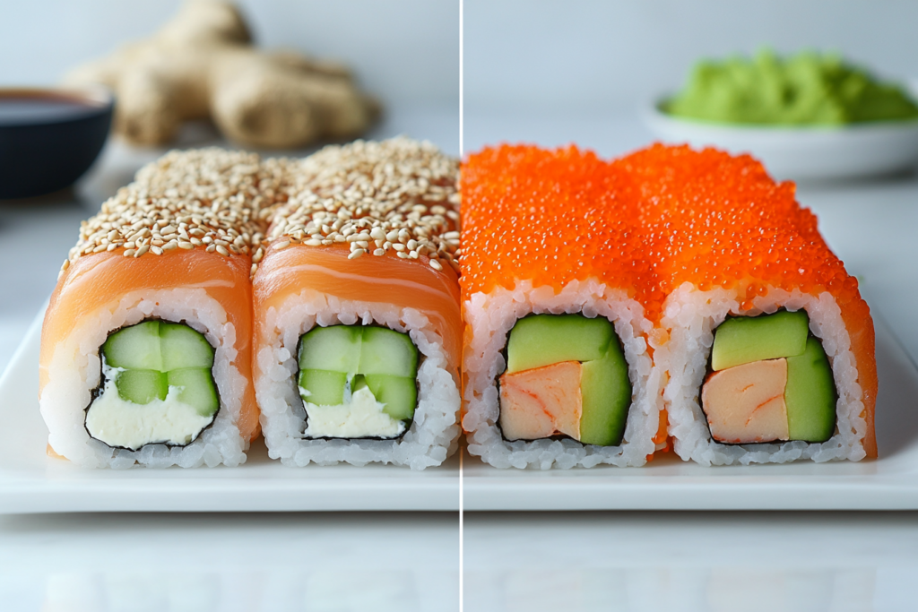 Side-by-side comparison of Philadelphia roll and Alaska roll ingredients.