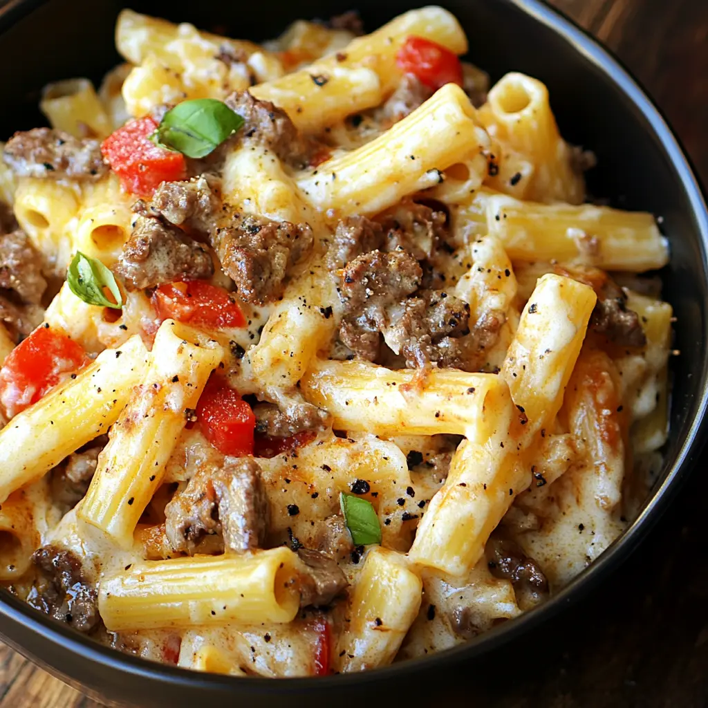 A bowl of Philly Cheesesteak Pasta topped with melted cheese and garnished with fresh parsley.