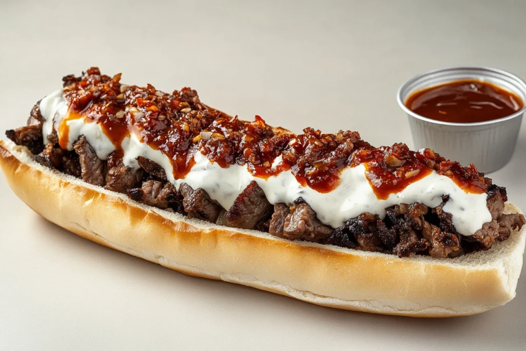 Philly cheesesteak with BBQ sauce and creamy white sauce