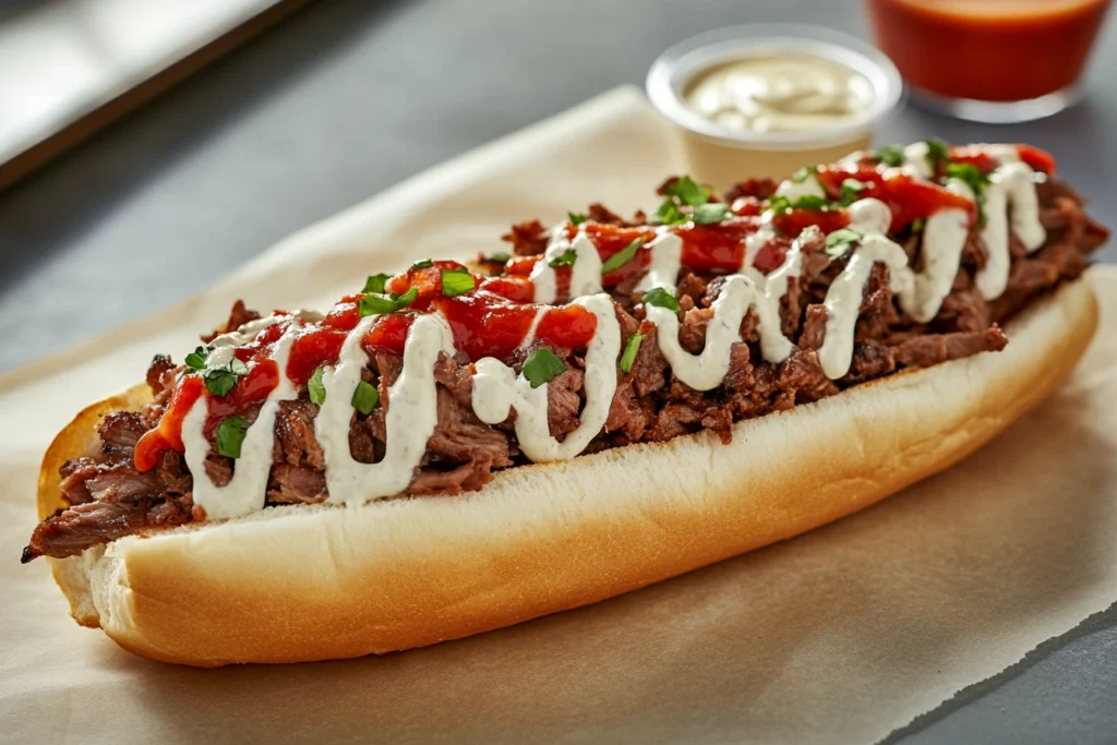  Philly cheesesteak with ketchup and creamy sauce