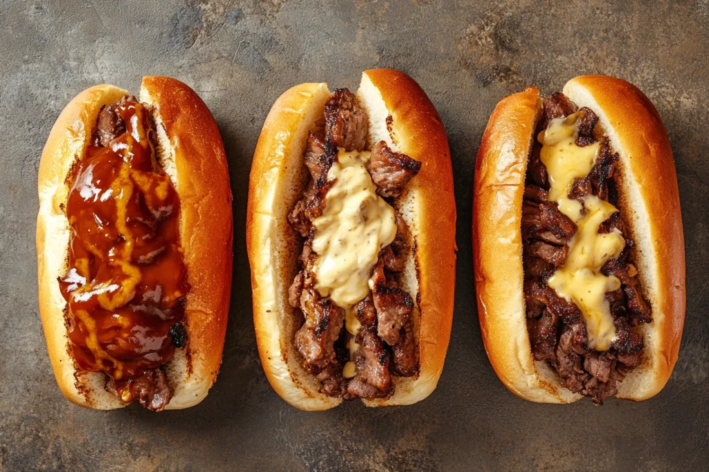 Philly cheesesteak with different sauces