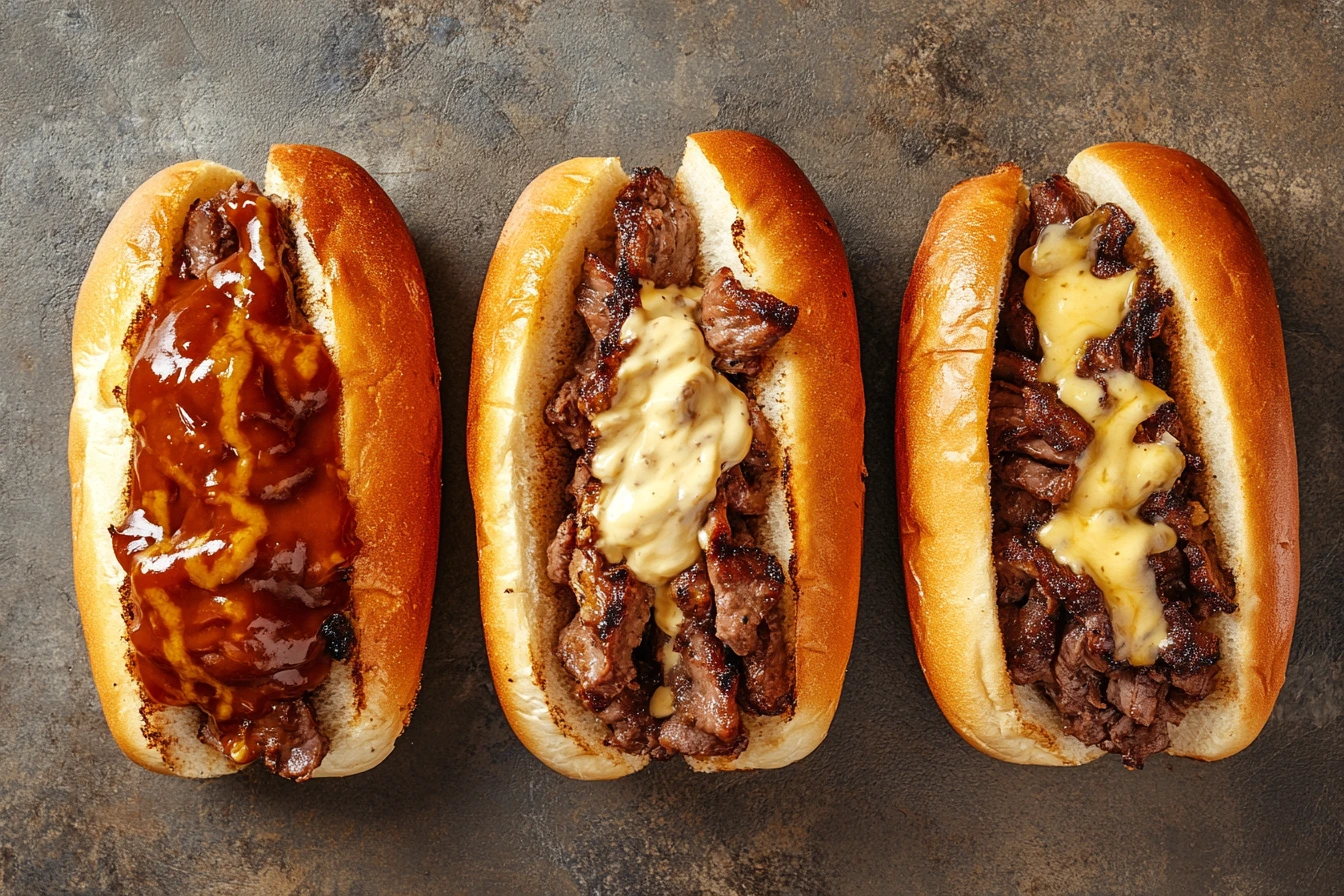 Philly cheesesteak with different sauces