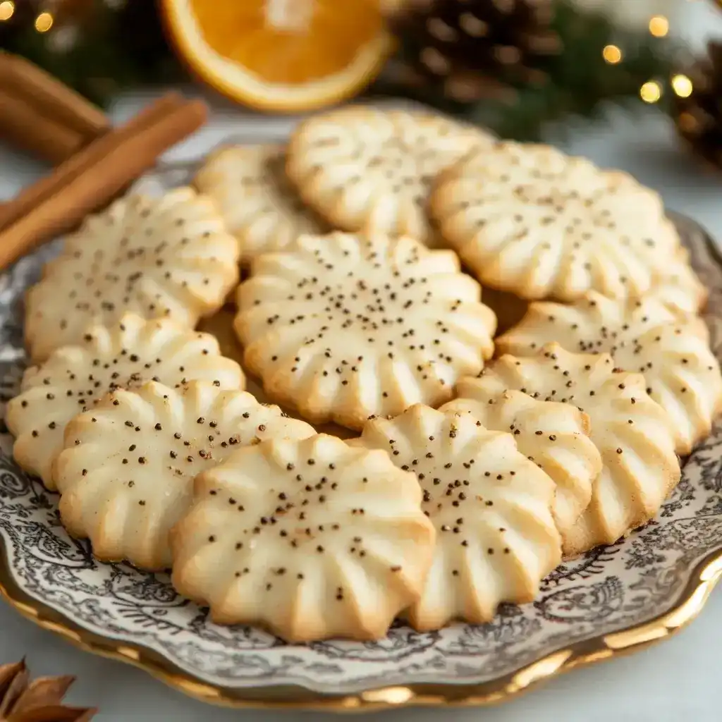 Freshly baked anise cookies on a decorative plate with festive decor.