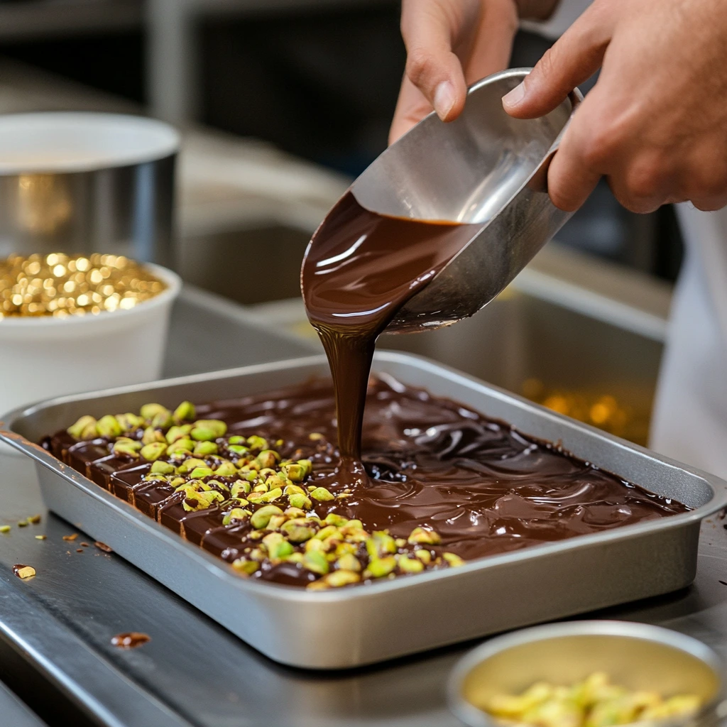 Dubai Chocolate Bar Recipe preparation with pistachios