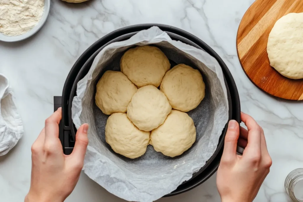 Uncooked biscuits arranged in an air fryer basket.