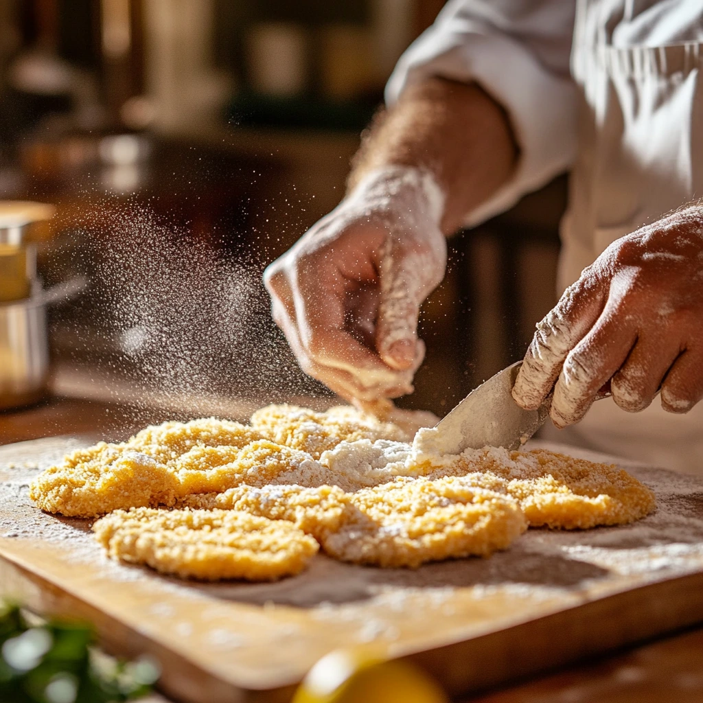 A chef breading chicken cutlets with a flour mixture on a wooden cutting board, preparing them for frying